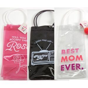 3 Pk Novelty Wine Bottle Totes Momcore Rose Pink Vinyl Handle Tassel Party Bride